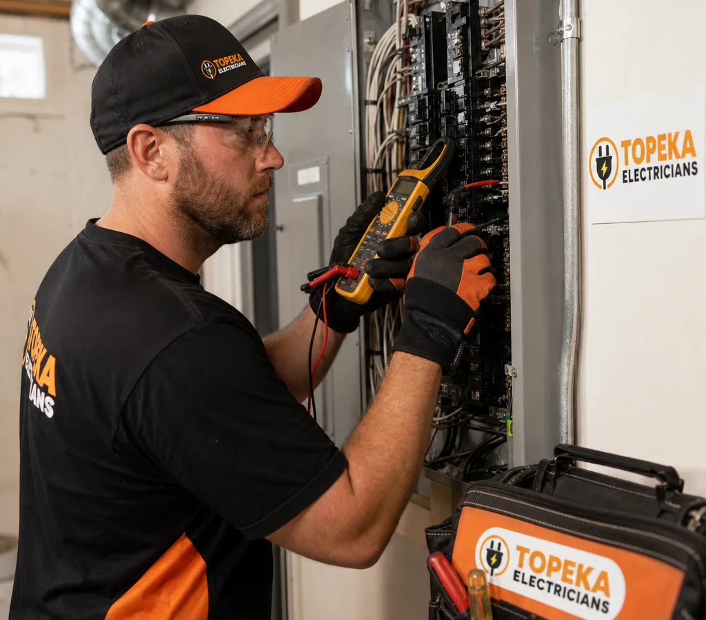 Electrician troubleshooting a residential breaker panel with a multimeter in Topeka