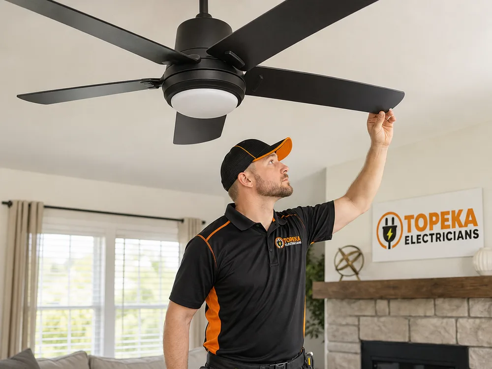 New ceiling fan mounted to a fan-rated box with a clean finished canopy
