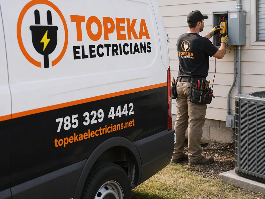 Electrician checking voltage and connections at outdoor service equipment
